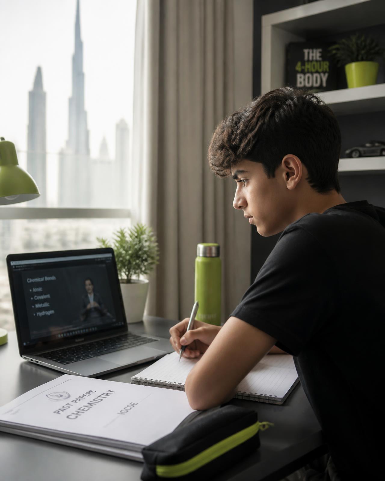 Student studying at a desk during an online tutoring session